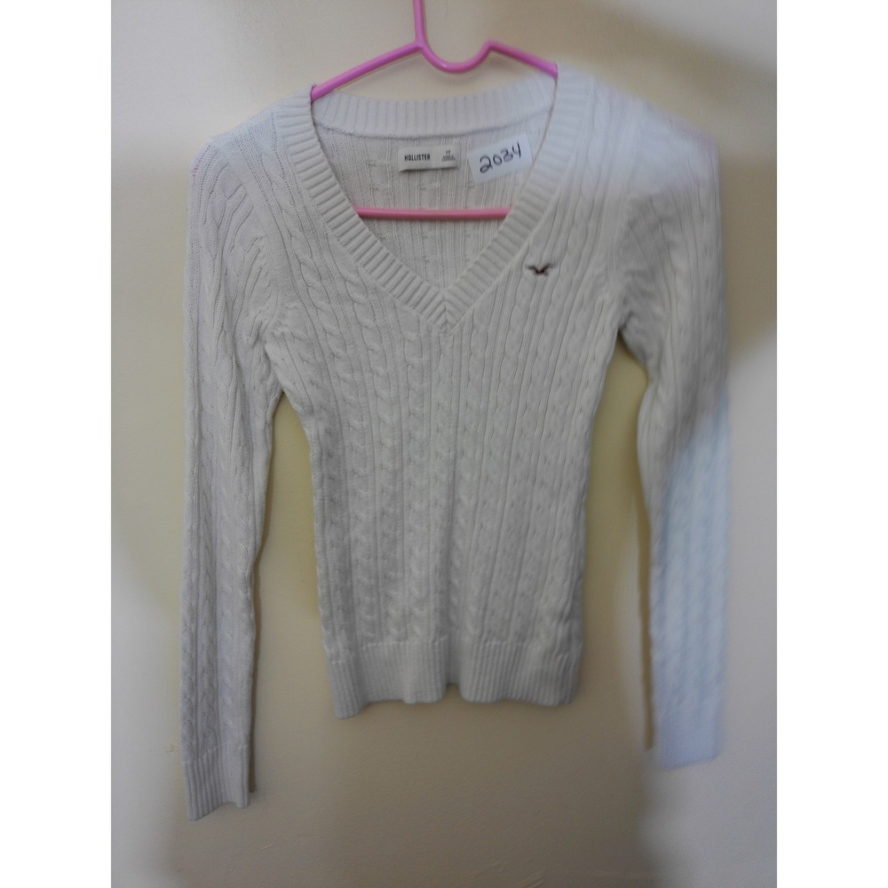 Hollister Cable Knit Sweater Women XS White V-Neck Preppy Slim Fit Logo 2034